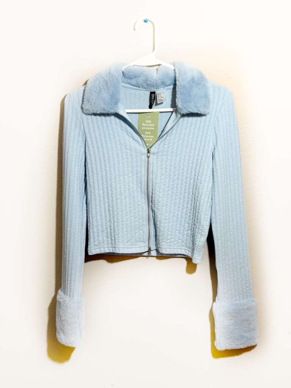 NWT H&M Divided Zipped Front Long Sleeve Fur Accent Light Blue Top